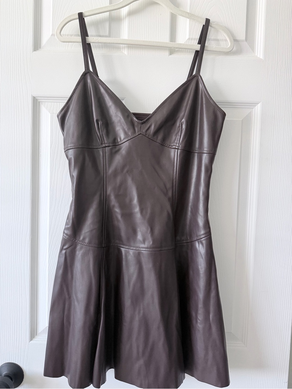 Faux Leather Brown Spaghetti-Strap Dress
